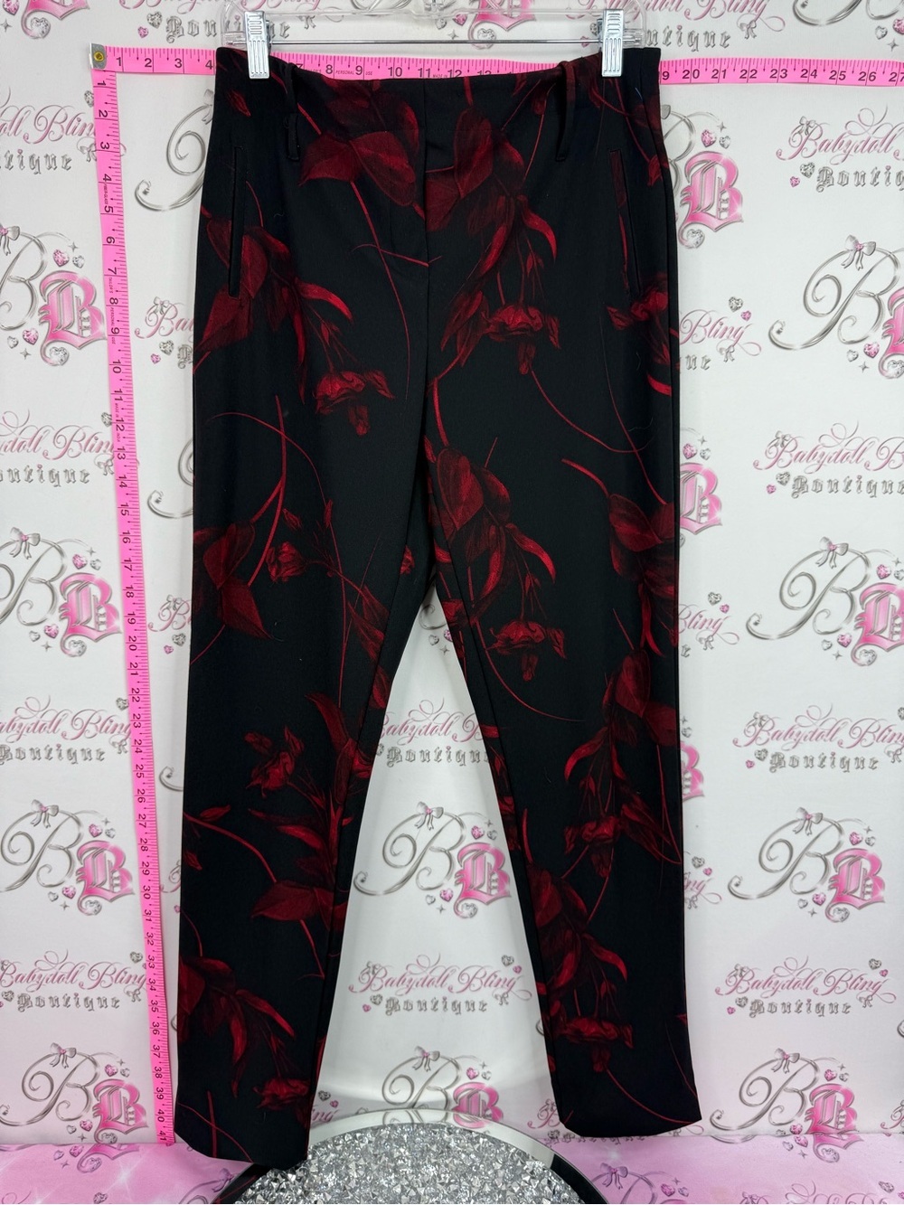le chateau Black Pants with Deep Red Floral Print